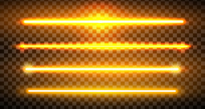 Yellow lazer straight lines pack isolated. Neon glowing laser beam effect. Fluorescent LED electric luminous line. Led light halogen dynamic diode. Vector illustration