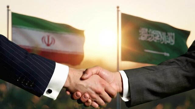 Symbolic Diplomatic Handshake Between Saudi Arabia and Iran Officials During Bilateral Peace Negotiations with National Flags