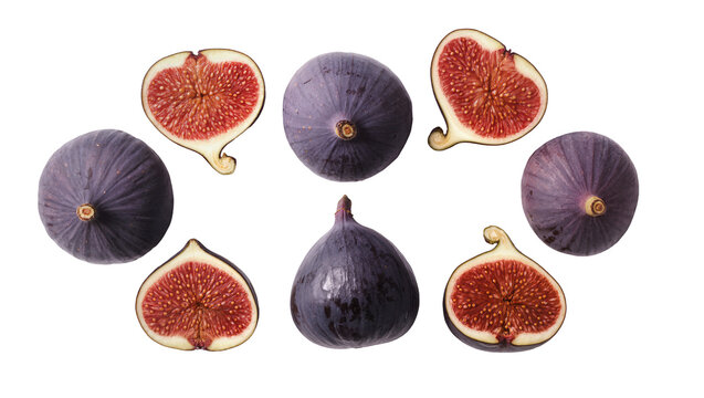 Whole and halved ripe purple figs with red flesh and seeds