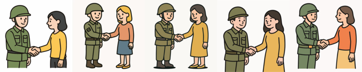 Fototapeta premium Set of vector illustrations showing a soldier shaking hands with a woman.