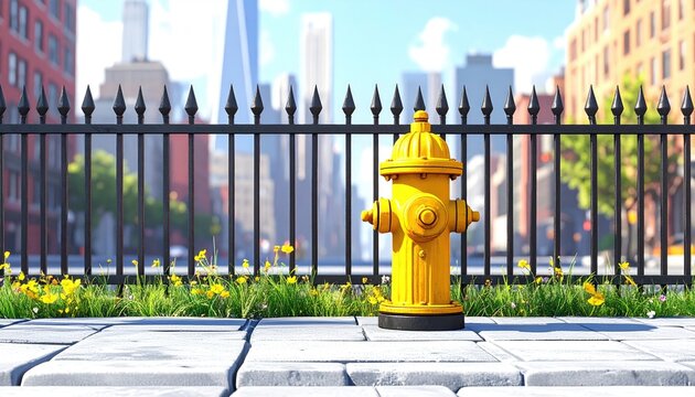 Bright yellow fire hydrant in urban park setting with city skyline