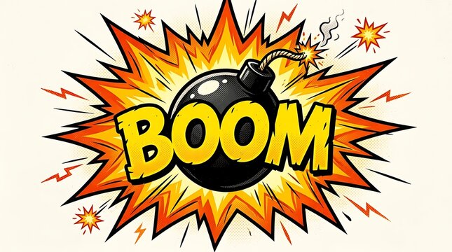 Comic book boom explosion with a round black bomb illustration