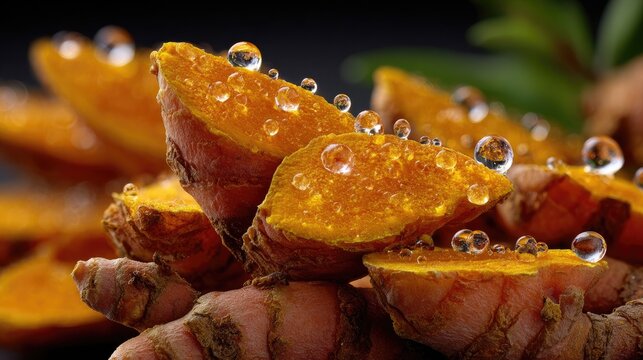 Close-up view of cut turmeric root showing golden-orange texture with water droplets in studio lighting for food advertising