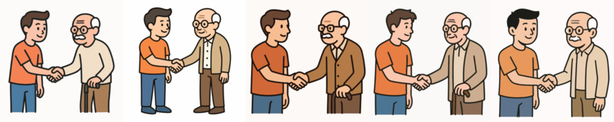 Fototapeta premium Set of vector illustrations of an elderly man shaking hands with a woman.