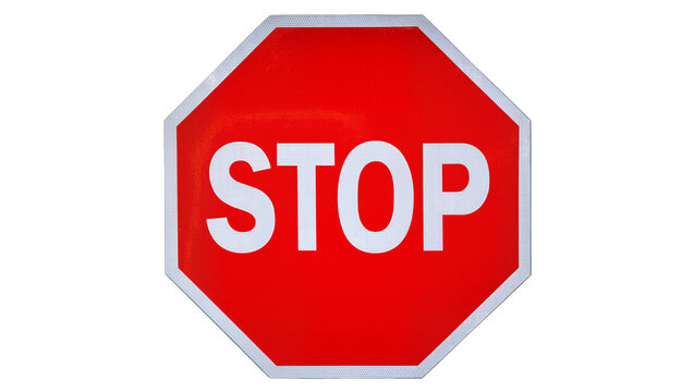 Red octagonal stop sign with white border and white text STOP