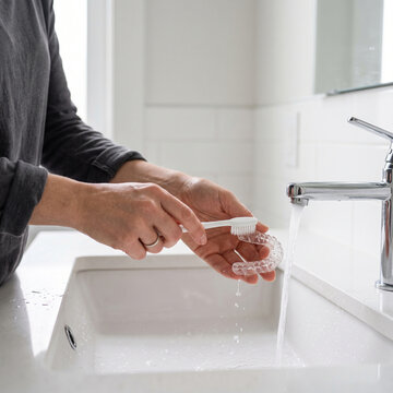 Woman washing transparent occlusal splint (night guard) under faucet in bathroom sink, close-up