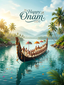 Men in traditional attire rowing a decorated boat on a serene lake during onam festival