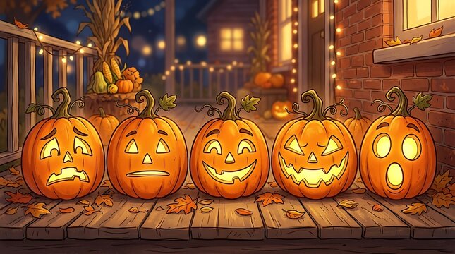 Five funny carved pumpkins with different faces on a porch illustration