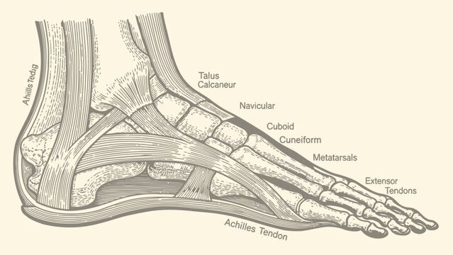 Vintage Anatomical Illustration of Human Foot Bones and Tendons
