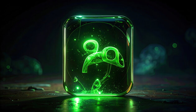 Futuristic Green Neon 3D Number 20 Inside Glass Container