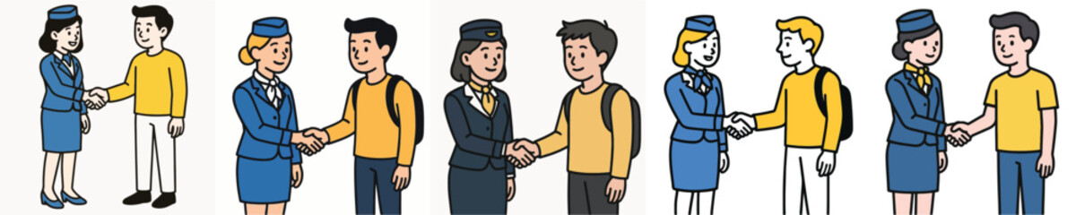 Fototapeta premium Set of vector illustrations showing a flight attendant shaking hands with an elderly woman.