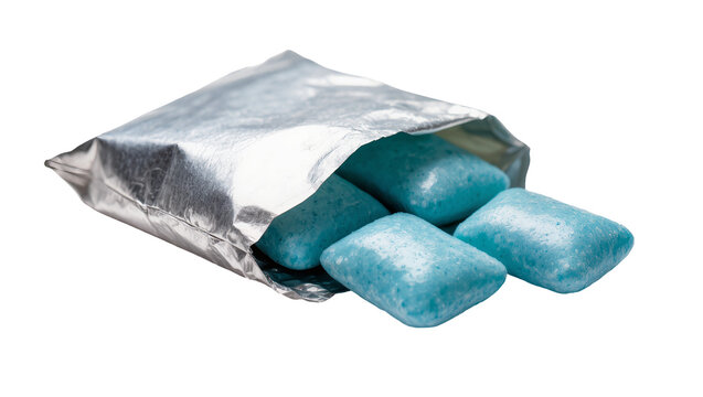 Blue chewing gum pieces spilling from silver foil wrapper