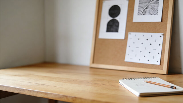 Minimalist wooden desk setup featuring cork bulletin board with geometric wall art and sketch pad.