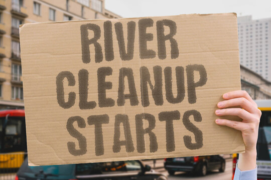 "River cleanup starts" Restoration begins with removal of pollutants. REMOVAL. POLLUTANTS. RESTORATION. BEGINS. CLEANUP.