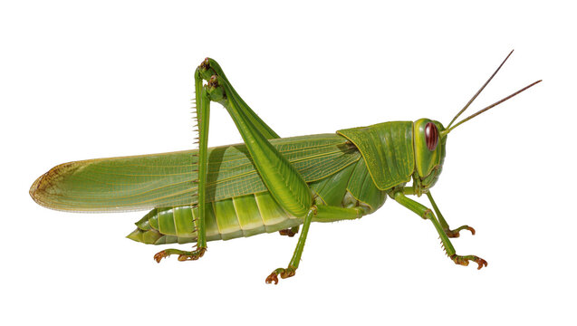 Green grasshopper insect with long legs and antennae