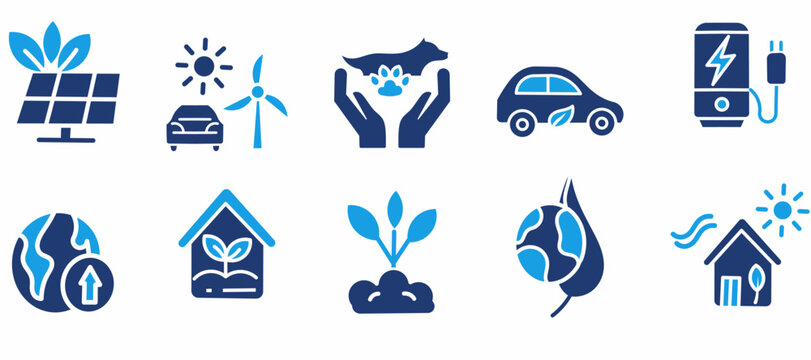 Green Energy and Sustainability Icon Collection. Containing Solar Panel, Wind Turbine, Electric Car, Eco House, Earth Care, and more icons. Renewable Energy Duotone icon set.