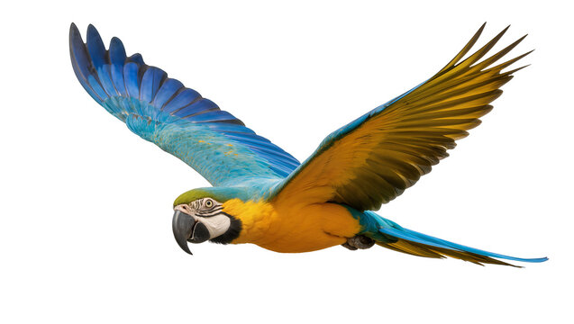 Blue and yellow macaw parrot flying with wings spread