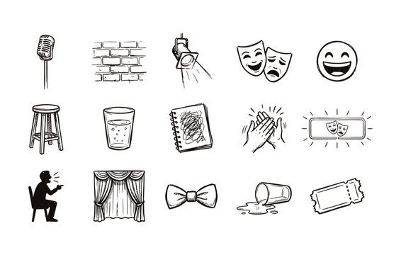 Theatrical show elements and entertainment vector icons including laughing masks and stage curtains