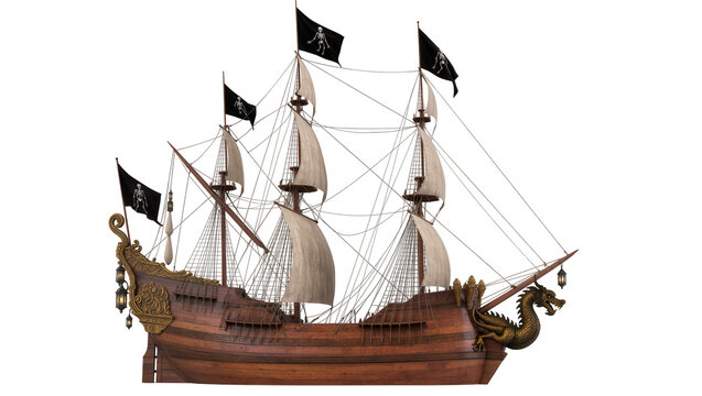 Wooden pirate galleon with skull flags and dragon figurehead