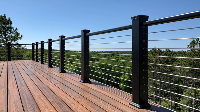 Composite deck with a contemporary cable railing system, black posts, and wood texture planks providing an expansive view over a vast forest landscape on a sunny day