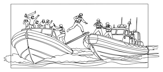 Fototapeta premium Military special forces boarding boat at sea line drawing, naval mission security operation on motorboat, soldiers attacking vessel minimalist vector