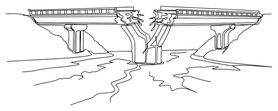 Broken bridge over river continuous line drawing, destroyed road architecture disaster concept, collapsed bridge minimalist vector illustration