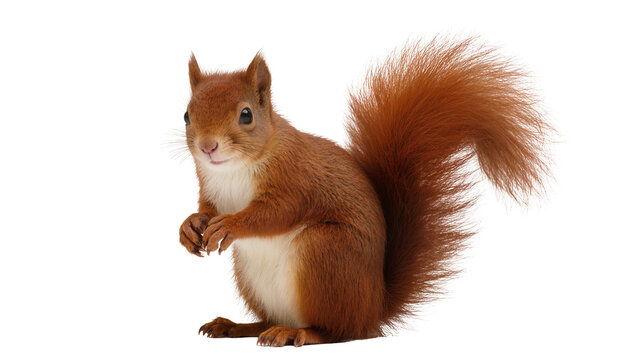 Red squirrel with bushy tail sitting on white