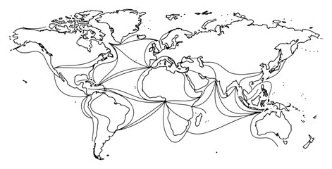 Obraz premium World map with global connection network lines continuous line drawing, international logistics and communication minimalist vector illustration