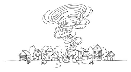 Tornado hurricane hitting small town houses continuous line drawing, natural disaster and extreme weather concept, destructive storm minimalist vector illustration © ----WWWLINE----