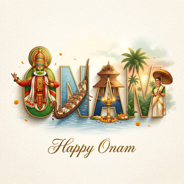 Onam festival graphic with traditional kerala elements
