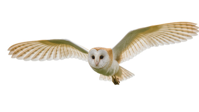 Barn owl in flight with wings spread wide