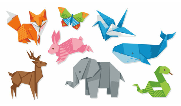 Colorful origami animal collection vector illustration paper folded craft style wildlife set fox elephant whale rabbit and crane on white background