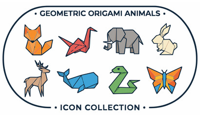 Naklejka premium Minimal geometric origami animal icon set vector illustration paper folded wildlife collection fox crane elephant whale rabbit deer isolated on white background