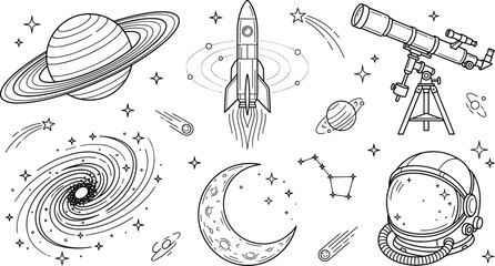 Space exploration and astronomy line icon set featuring rocket planet saturn galaxy telescope astronaut helmet crescent moon vector © MdMursalin