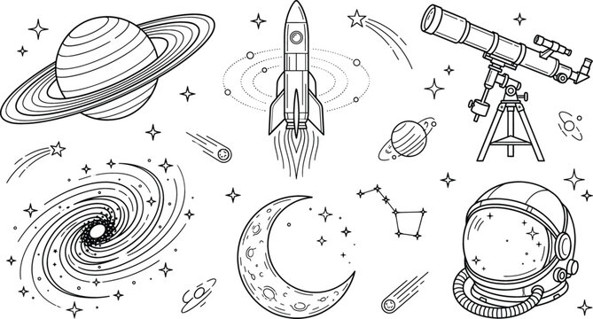 Space exploration and astronomy line icon set featuring rocket planet saturn galaxy telescope astronaut helmet crescent moon vector