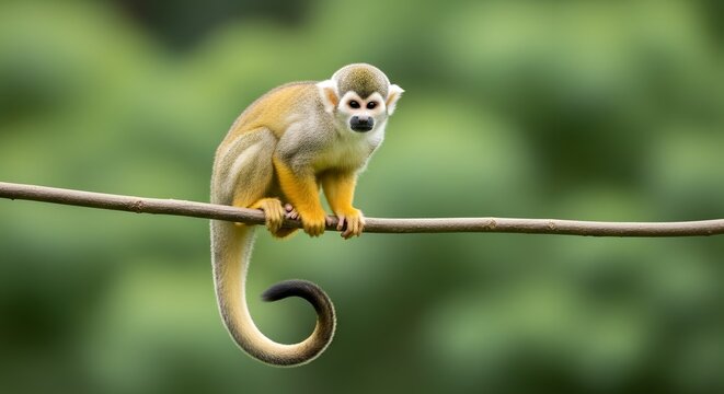 Monkey perched on branch, looking curious in forest, wildlife scene with a squirrel monkey