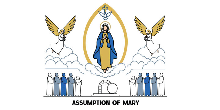 Assumption of the Blessed Virgin Mary with Angels Christian Religious Vector Illustration