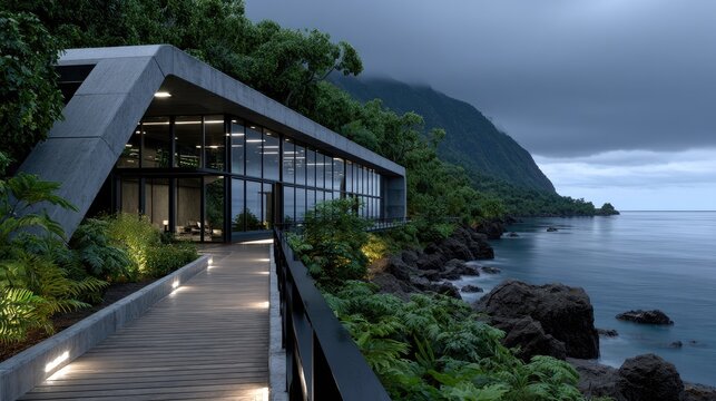 Gigantic cable car terminal built into a coastal cliff with robotic systems and glass cabins during blue hour in a tropical setting