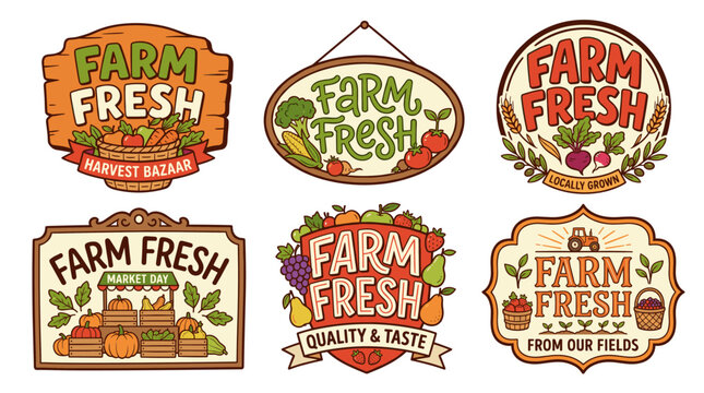 Farm fresh labels collection showcasing organic harvest, locally grown produce, and quality taste in a classic hand-drawn badge design for agriculture market branding