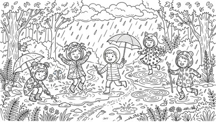 Obraz premium Happy Children Splashing in Rain Puddles Line Art Vector Illustration Set