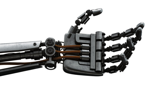 Robotic hand with metallic fingers and visible wires