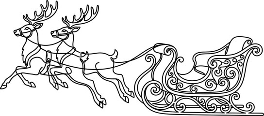 Obraz premium Christmas Reindeer Pulling an Ornate Santa Claus Sleigh Line Art.