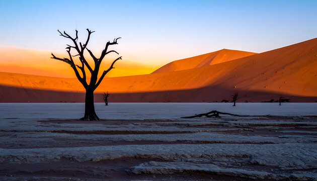 Iconic Dead Tree Silhouette Against Namibian Desert Sunrise.