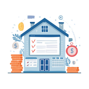 Flat vector illustration of house with computer and financial symbols