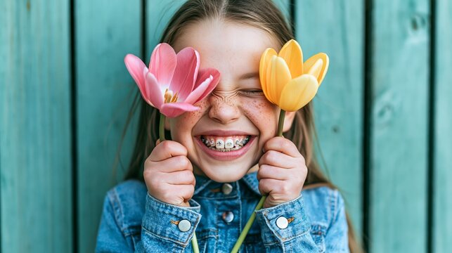 Child with braces smiling, holding colorful tulips over eyes, creating a cheerful spring portrait