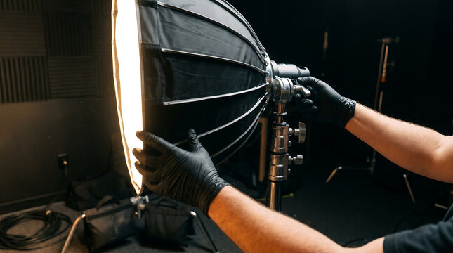 Crew member or photographer wearing black gloves adjusting a professional studio softbox light on a c-stand during a photo shoot in a dark photography production studio