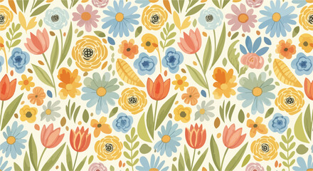 Fototapeta premium Whimsical garden composition filled with bright cheerful watercolor blooming flowers