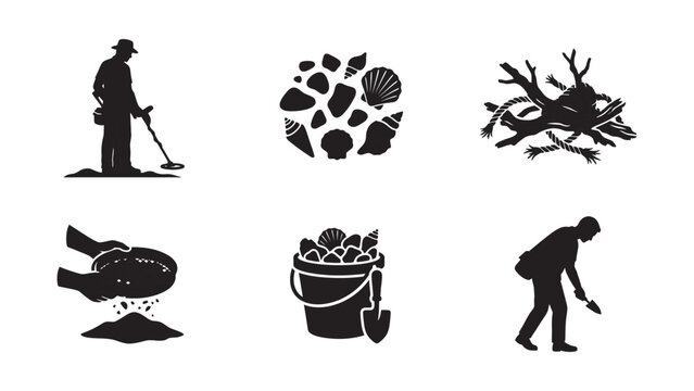 Set of black silhouette icons depicting beachcombing and metal detecting activities.