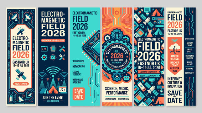 Electromagnetic Field 2026 event banners, science and technology festival vertical posters, set of 6 tech conference vector templates