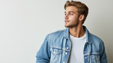 Fototapeta premium Stylish young man in denim jacket studio portrait